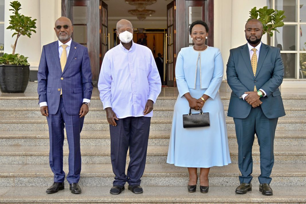 Museveni Swears In Musherure, Ayebare and Witonze After Citizenship, Vetting Delays Adonia Ayebare, President Yoweri Museveni, Shartsi Kutesa Musherure and Juma Witonze pose for a photo at State House Entebbe after the ministers were sworn into office on Tuesday.