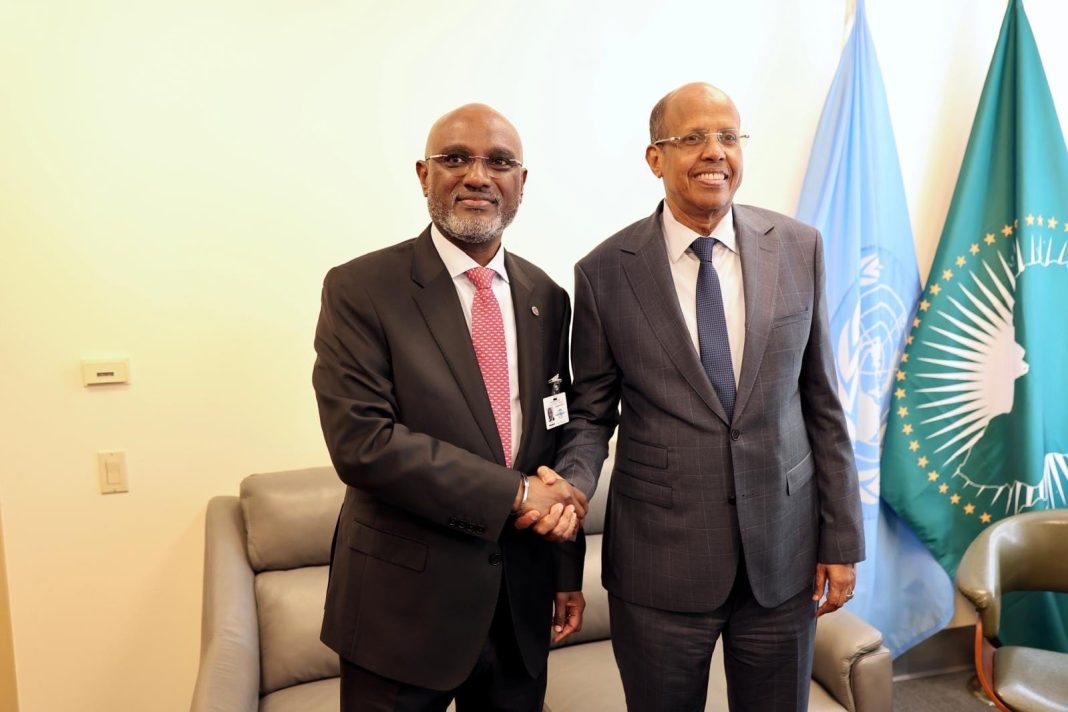 Uganda, AU Discuss Regional Security and Sustainable Peacekeeping Finance at UNGA81 African Union Commission Chairperson Mahmoud Ali Youssouf (right) meets Uganda’s Foreign Affairs Minister Ambassador Adonia Ayebare on the margins of the 81st United Nations General Assembly in New York to discuss regional peace and security, Somalia peacekeeping and sustainable financing for African-led peace operations.